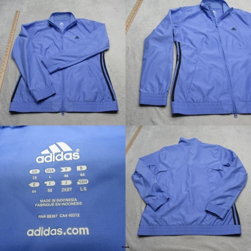 Adidas Jacket Womens Large‎ Blue 3 Striped Pockets Full Zip Athletic Windbreaker